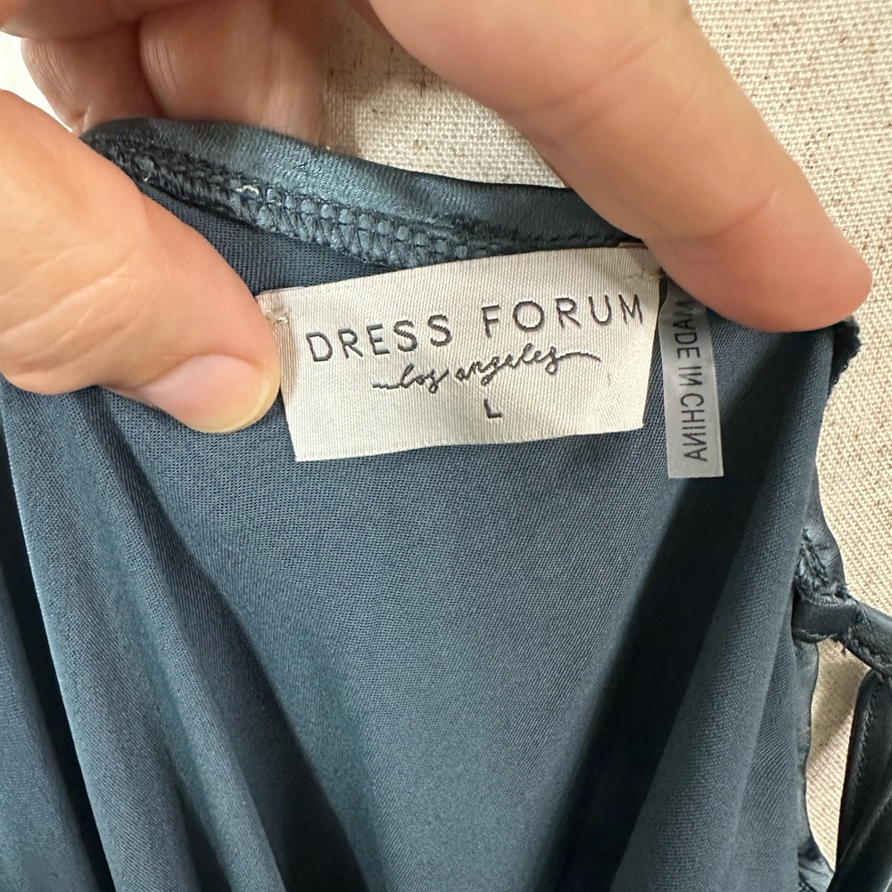 Dress Forum Gray Blue Satin Maxi Dress Silk spaghetti straps zip up faux button - Picture 3 of 16